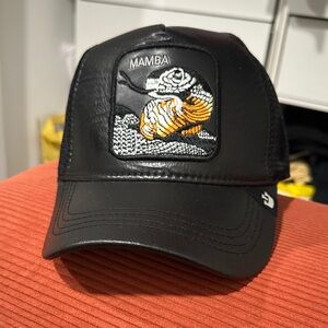 Goorin Bros Black Mamba Patch Leather Trucker Hat with Yellow Accent